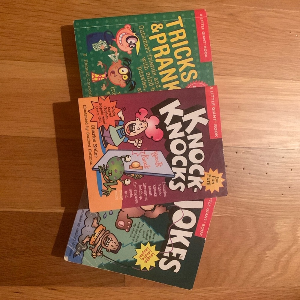 3 little giant books. Including knock-knocks, tricks and pranks, and Jokes